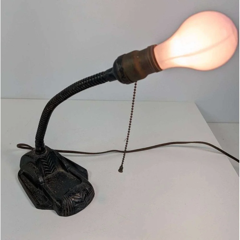 Vintage Working Art Deco Industrial Gooseneck Desk Lamp Light Cast Iron Base